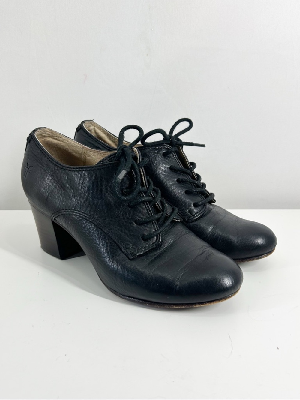 Frye Stella Oxford Black Leather Lace Up Heeled Ankle Booties 6.5